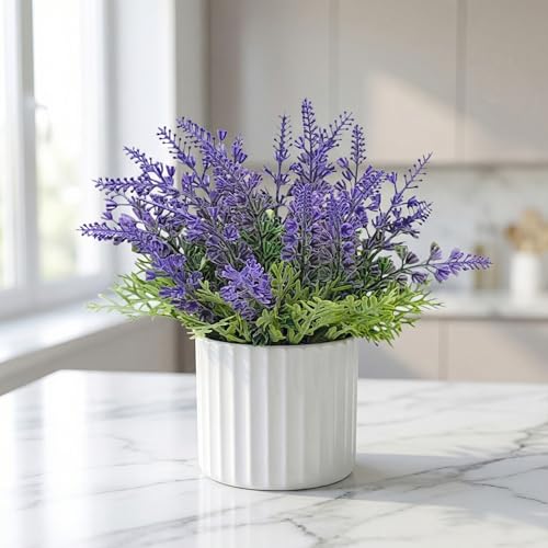 Image of CURATED CART Artificial Lavender Plant in White Pot - Faux Purple Lavender Flowers for Home Decor - Small Fake Plants for Bathroom, Bedroom, Kitchen, Office, Farmhouse - Potted Indoor Decor