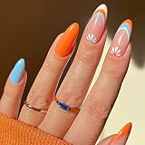 STGDAK French Press on Nails Oval Glossy Orange Blue Combination False Nails Ballerina Full Cover Su