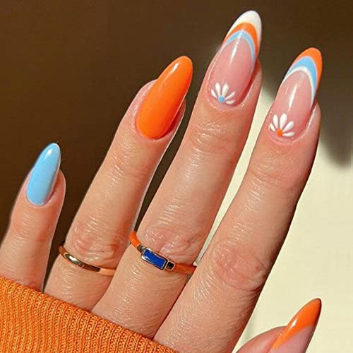 Stgdak French Press On Nails Oval Glossy Orange Blue Combination False Nails Ballerina Full Cover Sun Flower Fake Nail Tips Acrylic Nail Art Diy Stick On Nails For Women 24Pcs #TOP7