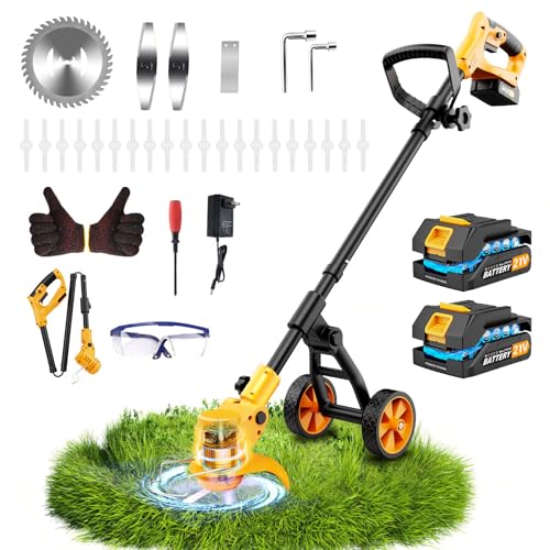 Image of Electric Weed Wacker Cordless with Wheels,Electric Weed Eater Battery Powered 4000mAh,4 in 1 Grass Trimmer /Brush Cutter /Grass Edger /Tiller for Gardening & Lawn with Blade, 2 Battery