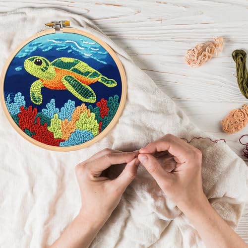 Image of Punch Needle Embroidery Kit for Adults & Kids - Green Sea Turtle Design - Modern Style - Includes Fabric, Yarn, Needle, Hoop, Threader & Instructions