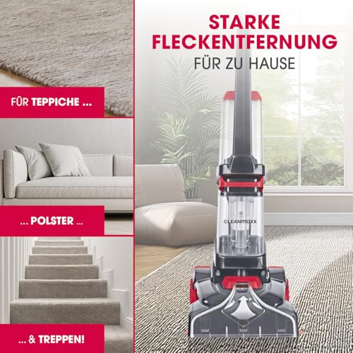 CLEANmaxx Teppichreiniger AquaStream Plus | 3 in 1: waschen, reinigen, absaugen | Nasssauger mit Vibrationsbürsten und Seitenbürsten | Waschsauger mit Polsterdüse, Shampoo und Ersatzbürste