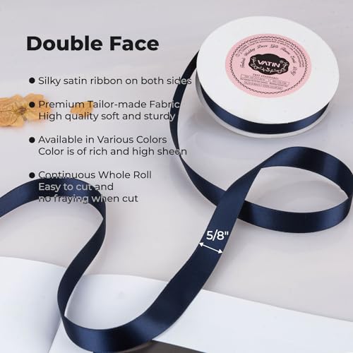VATIN Double Face Deep Navy Blue Satin Ribbon 5/8" Continuous 25 Yards,Navy Blue Polyester Fabric Ribbon use for Bows Bouquet, Gift Wrapping, Floral Arrangement Wedding Decoration - Thumbnail 2