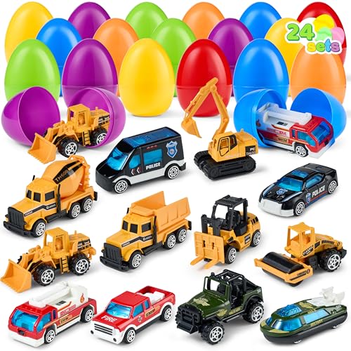 JOYIN 24 Pcs Prefilled Easter Eggs with Cars, Vehicle Toys for Boys Kids Easter Party Favor Eggs Hunt/Basket Stuffers Fillers and Classroom Prize Supplies