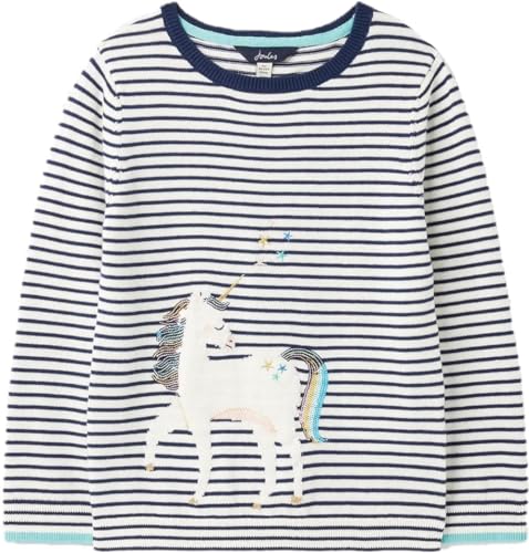 Joules Girls' Miranda Intarsia Jumper Stripe Unicorn Long Sleeve Sweater, Navy, 11-12 Years