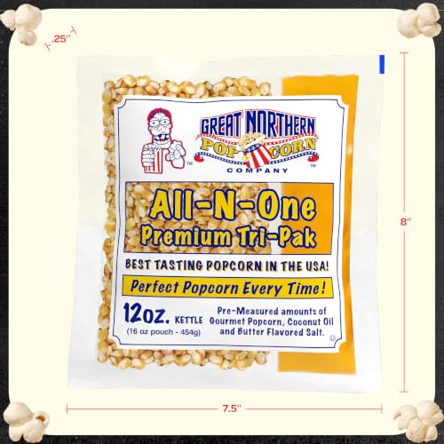 Image of 12oz Popcorn Machine Popcorn Packets - All-in-One Movie Theater Style Popcorn Kernels, Salt, and Oil Packs by Great Northern Popcorn (24 Case) | All-in-One Movie Theater Style Kernels, Butter Flavored Salt, and Coconut Oil Packs for 12oz Kettle - Movie Night Supplies