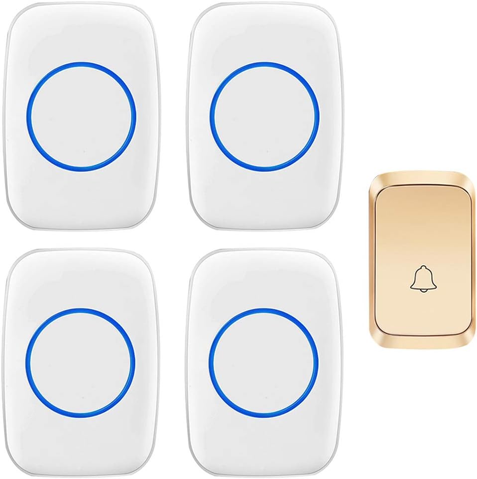 Wireless Doorbell Waterproof, LED Flashing Light Remind/4 Volume Reminders Remote Doorbell, 300M Ultra-Long Range / 58 Music Melody, 1 Transmitter 4 Receiver,White,Gold