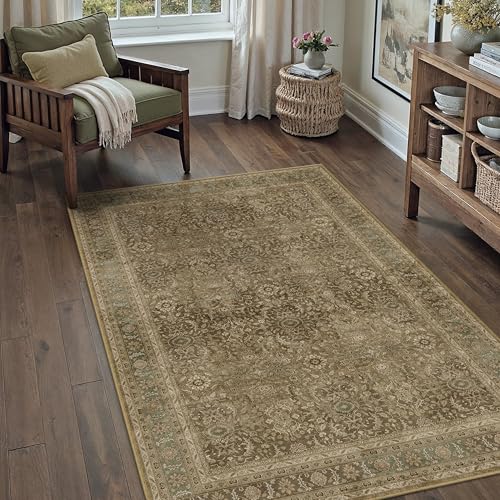 PureCozy Brown 3x5 Area Rug Washable Vintage Carpet for Entryway Office Soft Retro Floral Kitchen Low Pile Thin Door Mat Non Slip Traditional Distressed Rug for Bathroom Bedroom Dining Livin