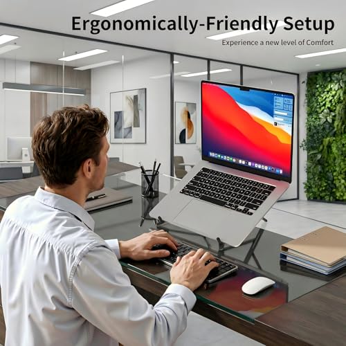 Image of Adjustable Laptop Stand for Desk, MagSafe Compatible Portable Foldable Computer Riser for MacBook, iPhone, iPad, Tablet - Lightweight Aluminum, N52 Magnetic Grip, Perfect for Office, Home, Traveling | MagSafe Compatible Foldable Design, 8-Level Height & Angle, Aluminum Alloy, Suitable for 10-16 inch Laptops (Gray)