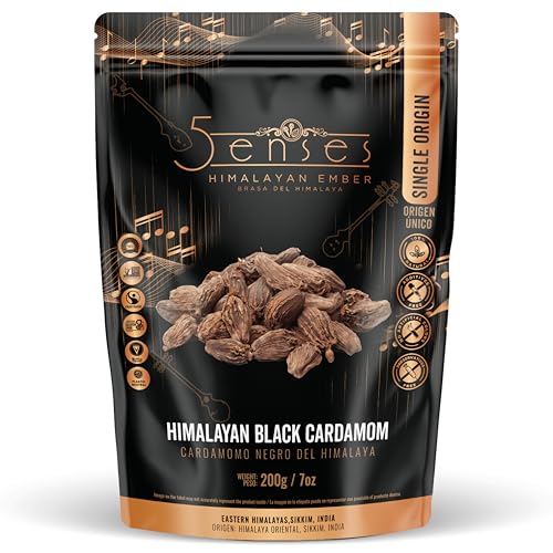 5Senses Himalayan Black Cardamom Pods | CARDAMOMO NEGRO DEL HIMALAYA | Himalayan Ember | Single Origin Sikkim Spices, Non-GMO, Whole Smoked Pods for Biryani, Masala, Chai &amp; Slow Cooking (200g/7oz)