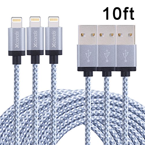 Xcords(TM) 3Pack 10ft Nylon Braided Lightning to USB Syncing and Charging Cable Data Cord Compatible with iPhone 7/7 Plus/ 6/ 6 Plus/ 6s/ 6s Plus /5/5s/5c/SE iPad/iPod and More(White)
