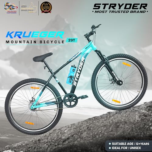 Image of Stryder 29T Krueger Mountain Cycle for Men & Women with Front Suspension and Dual Disc Brake | Single Speed Cycle - Ideal for 12+ Years (Frame: 18 Inches) (Black::Teal Green)