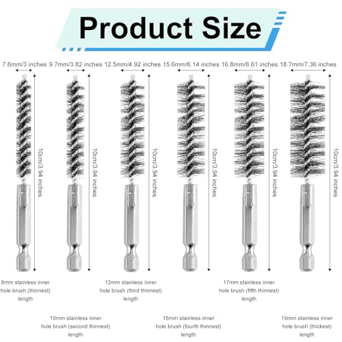 Image of 6pcs Bore Brush, Stainless Steel Wire Brush Drill Attachments with 1 /4 Inch Hex Shank Twisted Wire Cleaning Tools for Power Drill Impact Driver, Sizes 8 /10 /12 /15 /17 /19mm