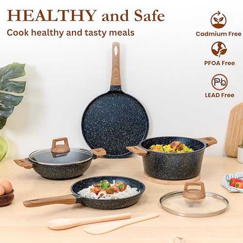 Image of Kreme CeraStone Ultra Granite Nonstick Cookware Set 8 Pieces, Kadai 2.5L, Frying Pan 1.7L, 28cm Tawa, Glass Lid, Casserole Pot 4.4L, 2 Spoons, Made in India, Induction Compatible, PFOA Free, Black