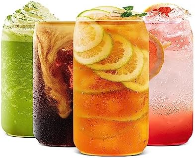 BaveL Large Beer glasses,20 oz Can Shaped Beer Glasses Set of 4,Elegant Shaped Drinking Glasses is Ideal Gift,Tumbler Beer Glasses Great for Any Drink and Any Occasion