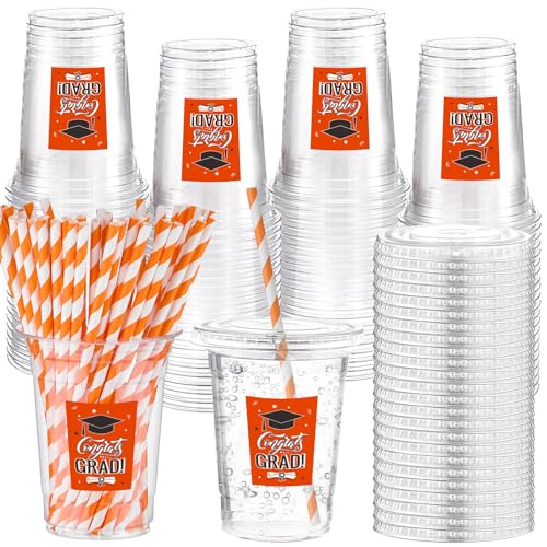 Sliner 50 Set 2026 Orange Graduation Plastic Cup Disposable with Lid and Paper Straw 16 oz Clear Drinking Cup for College High School Grad Party Supplies Decoration Festivities