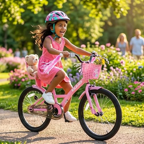 Image of KEANO Zinnia 14 16 20 Inch Kids Bike for Girls Ages 3-10 Years, Girls' Bikes with Training Wheels, Streamers, Basket and Doll Seat, Children Bicycles