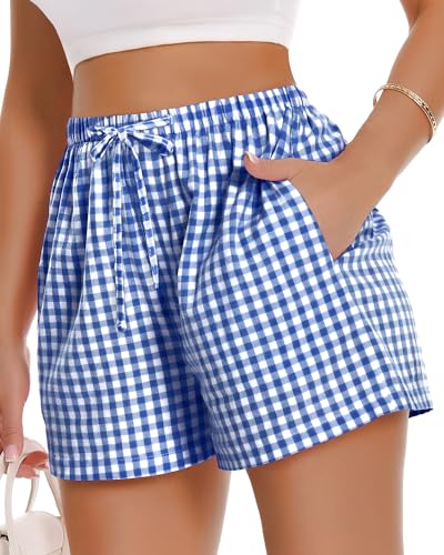 Image of Women Boxer Shorts Gingham Drawstring Pajama Bottom Plaid Pants with Pocket