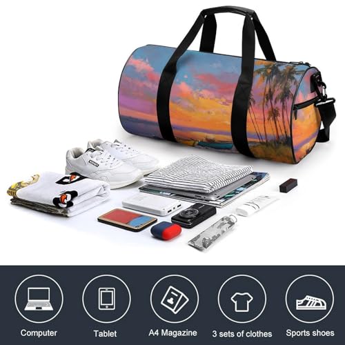Beach with Palm Trees Sunset Travel Gym Bag for Women Men Cylindrical Duffle Bag Sport Workout Bag with Shoulder Strap4