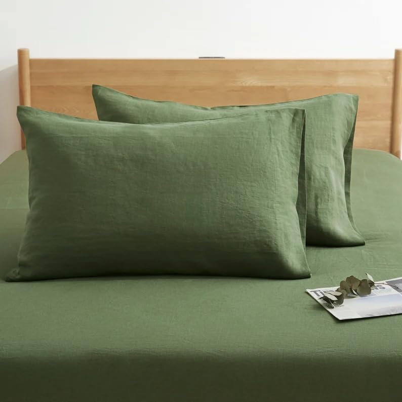 Gaytri Handicraft 100% Linen Sheet Set Queen King Size, Moss Green French Flex Solid Color Washed Breathable Bed Sheet, 3 Pcs Farmhouse Bedding 1 Flat Sheet, 2 Pillowcases (Twin 66x96)