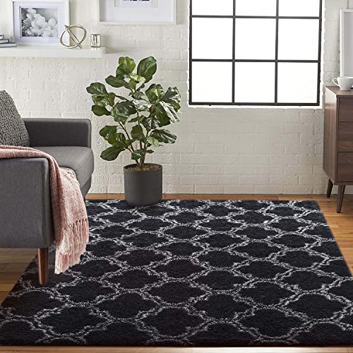 Tinyboy-hbq Tappeto a pelo lungo per camera da letto, soggiorno, antiscivolo, morbido, in pelliccia, per camera da letto, soggiorno, casa, colore: nero, 185 x 185 cm