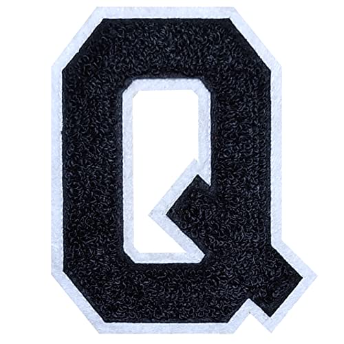 2Pcs Black/White Chenille Letter, 4.5" Iron on Letters Patches, Chenille Stitch Varsity Letter Patches for Clothing (Q)