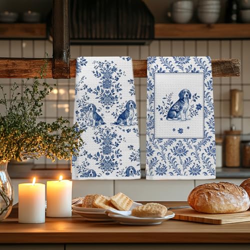 Image of Chinoiserie Beagle Kitchen Towels 16x24 Inch Set of 2,Blue and White Floral Dog Dish Towel, Vintage Dachshund Hand Towel for Farmhouse Bathroom Kitchen Decor