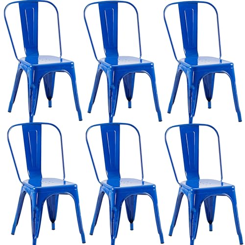 Image of Metal Dining Chairs with Backrest, Stackable, Blue, 6 Pack | Easy Assembly, Non-Slip Feet, 330 lb Capacity, Kitchen, Restaurant, Cafe, Pub, Covered Patio