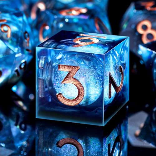 AUSTOR Liquid Core DND Dice Set, 7-Die Sharp Edge Polyhedral Dice Quicksand Handmade Resin Dices for Dungeons and Dragons D&D RPG MTG Table Games, Blue & Black, Gold