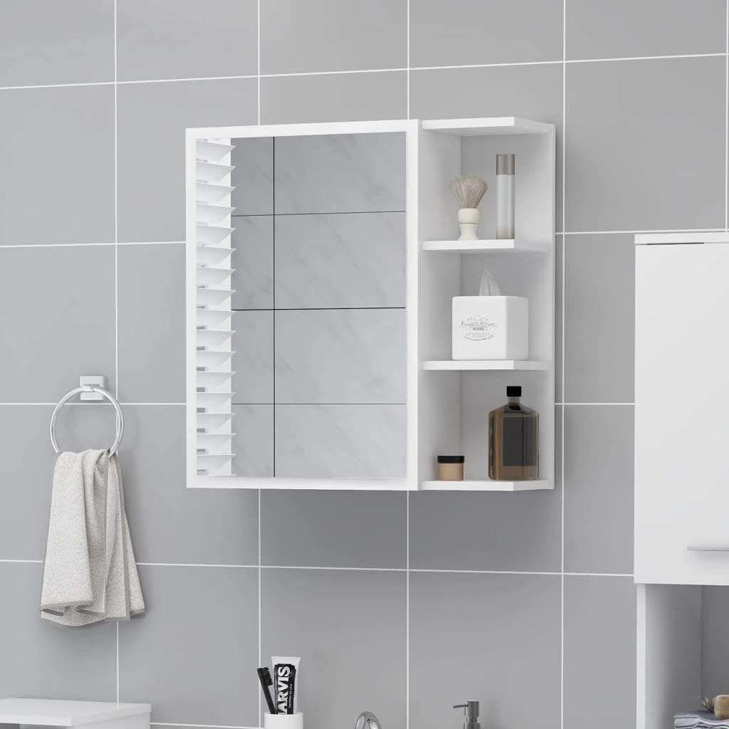 Szafka łazienkowa z lustrem biała z materiału drewnopochodnego, 62,5 x 20,5 x 64 cm, z 5 półkami i 1 drzwiczkami, miejsce do przechowywania szafki pod umywalkę, meble łazienkowe, wiszące na
