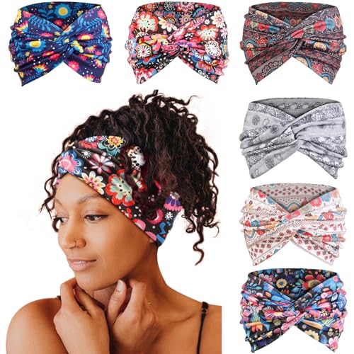 Image of Tobeffect Extra Wide Headbands for Women, 7'' Boho Turban Floral Headband Large Hairband Twisted Hair Accessories, 6 pack