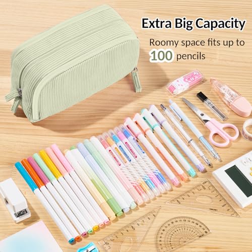 Image of Sooez Big Capacity Pencil Case Pen Pouch, Soft Corduroy Pencil Bag with 3 Compartment, Multiple Pockets, Sturdy Zipper, Cute School Supplies Pen Bag Organizer For Teen Girls College, Green