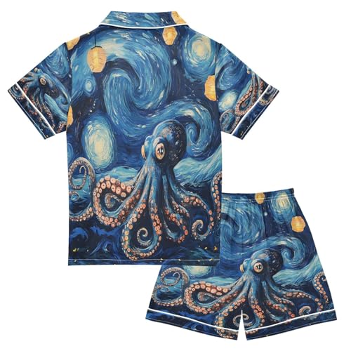 ALAZA Blue Octopus Fish Van Gogh Satin Pajamas Set Short Sleeve Button Down Sleepwear Summer Pjs 2 Piece2