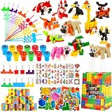 LiYiQ 134 Pcs Building Blocks Party Favors with Reusable Drinking Straws Animal Building Blocks Slap Bracelets Keychains Stamps Stickers and Gift Bags Gamer Birthday Party Supplies (Building)