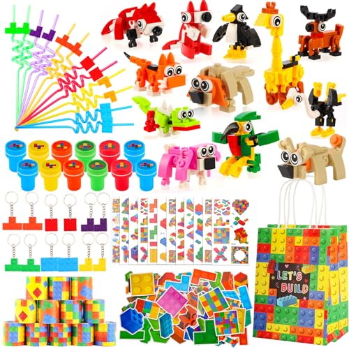 LiYiQ 134 Pcs Building Blocks Party Favors with Reusable Drinking Straws Animal Building Blocks Slap Bracelets Keychains Stamps Stickers and Gift Bags Gamer Birthday Party Supplies (Building)