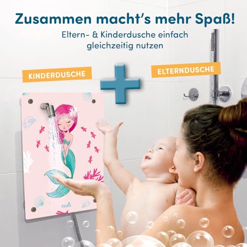 fredis Kinder-Dusche Motiv ’Meerjungfrau’ | Spielerische Wasserabenteuer für Kinder, Montage ohne Bohren, Motiv-Platte mit Duschkopf, Schlauch & 2 Strahlarten | Fördert Selbstständigkeit und Spaß