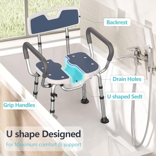Shower Chair for Inside Shower U-Shape Seat,450lb Heavy Duty Shower Chair for Elderly and Disabled,Padded Armrests and Back,Height Adjustable Bath Chairs for Seniors Handicap,Easy Assembly - Image 5