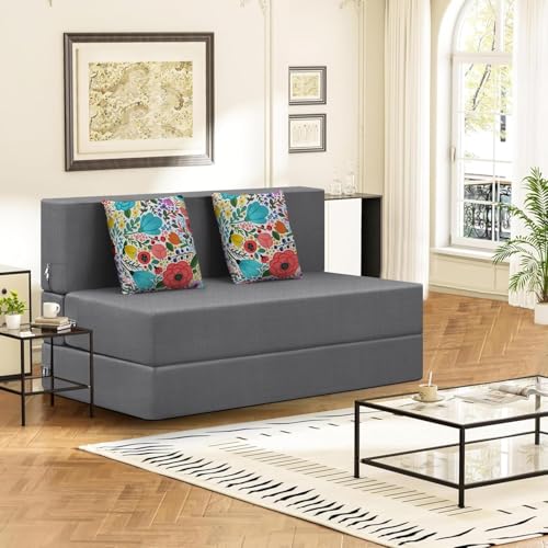 Image of Rosebell Foldable 2 Seater Sofa Cum Bed, Sofa Bed 4X6 Feet, Jute Fabric- Washable Cover- Including Two Cushion Perfect for Home & Office-Grey Color