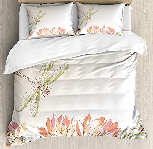 Ambesonne Dragonfly Duvet Cover Set, Lotus Flower Field Winged Bug Flying Oriental Blooms Print, Decorative 3 Piece Bedding Set With 2 Pillow Shams, Queen Size, Cream Peach Coral #TOP12