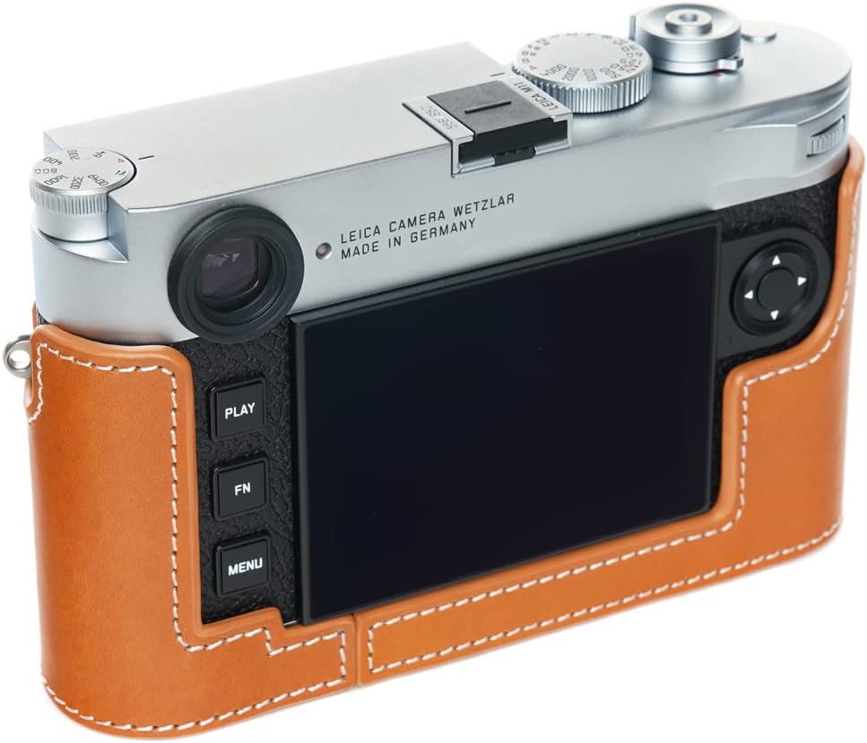 For Leica M11 Camera Case, Handmade Genuine Real Leather Half Camera Case Bag Cover for Leica M11 Camera Bottom Opening Version + Hand Strap (Yellow)