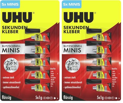 UHU Sekundenkleber extra stark | 5x1g Kleber Tuben für präzises Kleben | Sekundenkleber flüssig für Kunststoff, Metall, Holz, Keramik, Porzellankleber | Superkleber & Kunststoffkleber (Packung mit 2)
