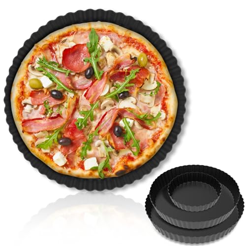 Txkrhwa 3Pcs Quiche Dish Non-Stick Quiche Tins with Removable Bottom Easy to Release Pie Baking Trays Multipurpose Pizza Baking Tins Effortless to Clean Tart Pan for Cake Pizza Pie(black)