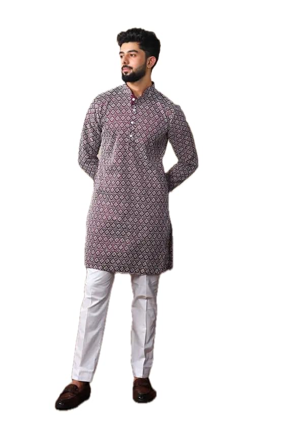 Image of LookMark Men's Printed Silk Blend Kurta with Mandarin Collar, Full Sleeves, Straight Fit Traditional Ethnic Wear