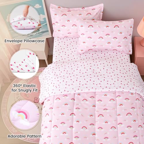 Image of david's kids 5 Piece Twin Comforter Set - Soft Breathable Bedding Twin Set for Girls, Includes Quilted Comforter, Flat Sheet, Fitted Sheet, Pillowcase and Pillowsham, Rainbow