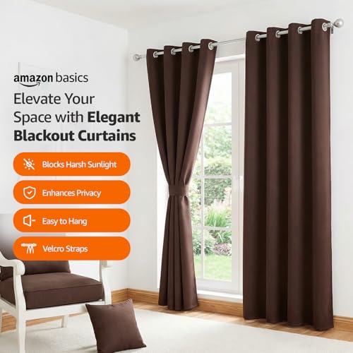 Image of Amazon Basics - Room Darkening Blackout Door Curtains, 100% Room Darkening | 7 Feet |Set of 2| Plain Design | for Living Room and Bedroom | 115cmx210cm, Color- Coffee