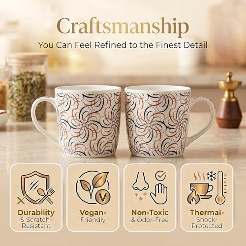 Image of UPC Coffee Mug Set of 6 | White Abstract Line Art Floral Print | Brown & Black Swirl Flower Pattern |Bone China Tea & Coffee Cups | Microwave Safe | Home & Kitchen