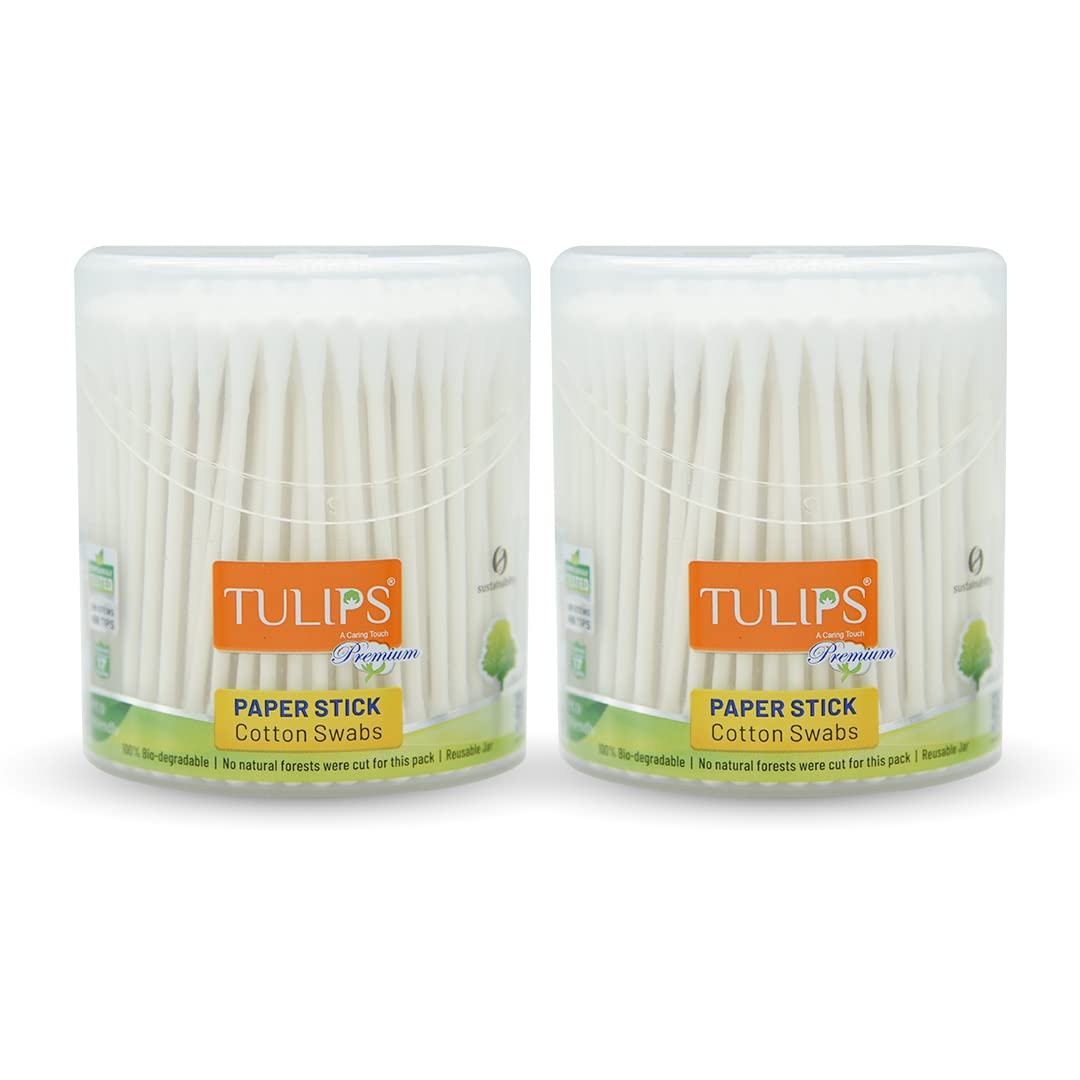 TULIPS Premium Cotton Ear Buds/Swabs (pack of 2) with White PAPER Sticks (200/400 Tips) in a Jar with fliptop cap-image-39