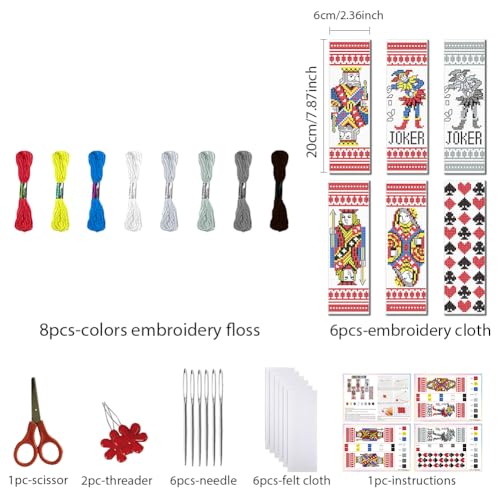 Image of FREEBLOSS 6 Set Cross Stitch Bookmarks Kit Poker Stamped Cross Stitch Kit DIY Embroidery Bookmark Set with Instruction for Adults Beginners Gift for Reading Enthusiasts 8 * 2.4inch 11CT
