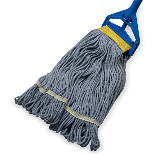 Image of SPARTA 369513B14 FLO-PAC Cotton Mop Head, Loop-Ended, 5 Inch Color-Coded Yellow Headhand for Organized Cleaning, Small - 30 Inches Long, Blue with Yellow Band, (Pack of 12)