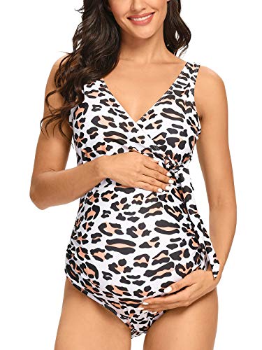 Tempotrek Traje de baño de Maternidad de una Pieza Elegante con Cuello en V, con Cordones en la Parte Delantera, con Lazo, Monokini, Leopardo, L